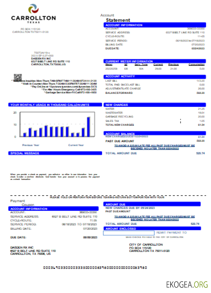 Facture commerciale des services publics de la ville de Carrollton, SCR